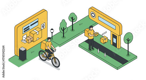 Isometric urban delivery scene with couriers on bike and on foot near warehouse