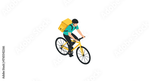 Isometric bicycle delivery: courier with yellow backpack and helmet on bike