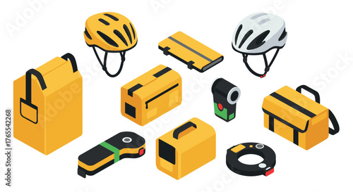 Isometric delivery gear: helmets, bags, and tech features with modern style