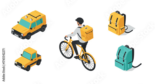 Delivery service with isometric cars and cyclist on white background