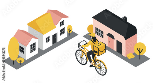 Urban delivery in isometric style featuring modern residences and cyclist couriers