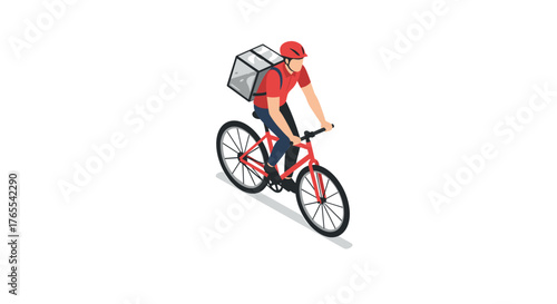 Isometric delivery cyclist in motion with red bicycle and helmet