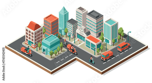 Isometric urban cityscape with buildings, vehicles, and trees in a 3d style