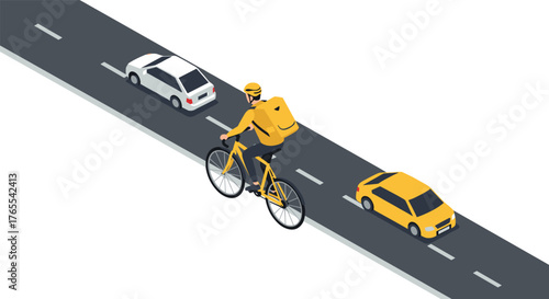 Cyclist with delivery backpack riding on urban road in isometric perspective