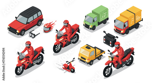 Isometric motorcycles and delivery vehicles set with riders and accessories