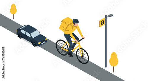 Isometric bicycle delivery on city street with urban traffic