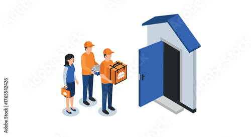 Delivery team arriving at open door with packages in isometric style