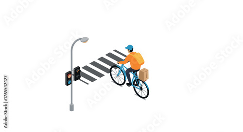 Isometric urban cycling: biker with backpack at crosswalk