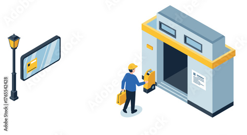 Isometric delivery person unlocking door with card near lamp post