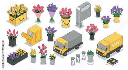 Isometric flower delivery with trucks and bouquets in pots and packages