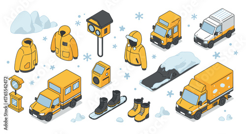 Isometric winter gear and vehicles in yellow with snow elements