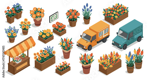 Isometric flower market with vans and pot arrangements in vibrant colors