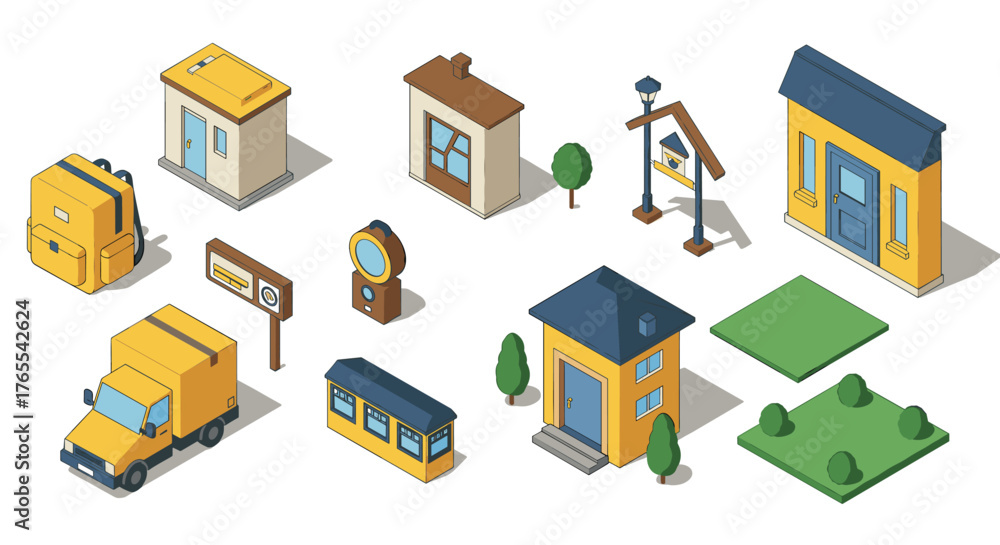 Fototapeta premium Isometric urban objects set featuring buildings, trees, vehicles, and street elements