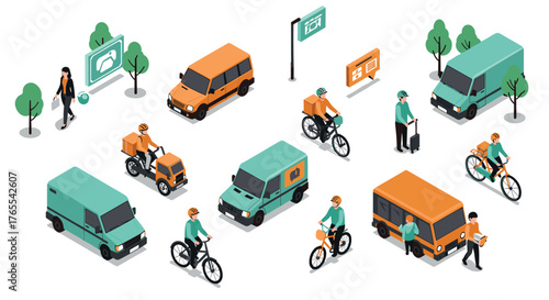 Urban delivery and transportation isometric design featuring vehicles and cyclists