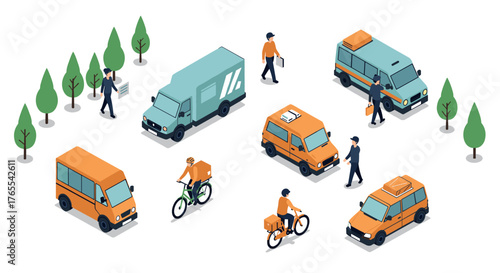 Urban transportation and delivery scene with isometric vehicles and cyclists