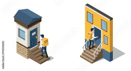 Isometric home delivery: courier entering two unique homes