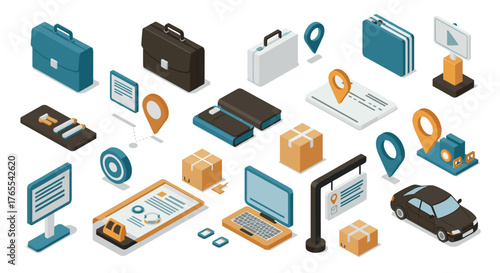 Isometric business and delivery icons with laptop, documents, and packages