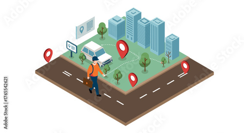 Isometric delivery concept with cityscape and geolocation markers