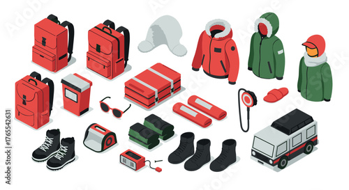 Isometric winter adventure gear collection featuring backpacks, jackets, and boots for outdoor exploration