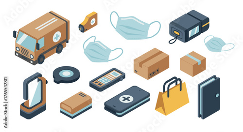 Isometric delivery elements: medical supplies, masks, and logistics objects