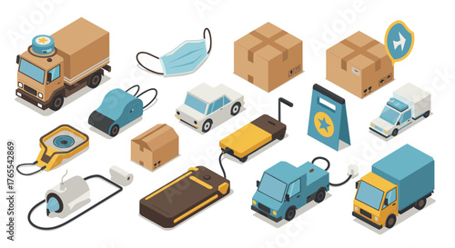 Isometric delivery and logistics icons with vehicles and packages