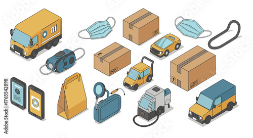 Isometric delivery and healthcare icons with vehicles and essentials