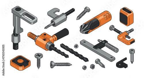 Isometric tool set with screws and drill bits for hardware projects