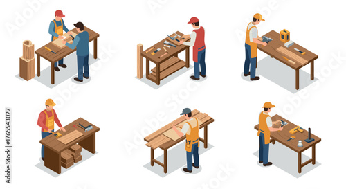 Isometric illustration of people engaged in woodworking at workshop stations