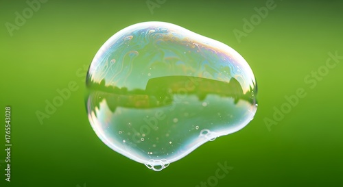 Reflection of Nature: A soap bubble floats delicately, its iridescent surface mirroring the vibrant green of its natural surroundings. A testament to simple beauty.