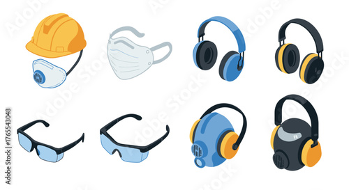 Essential safety equipment isometric icons for construction and industry use