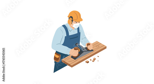 Carpenter working with wood plane tool in workshop in isometric style