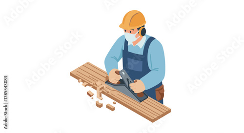 Isometric carpenter planing wood plank with safety gear