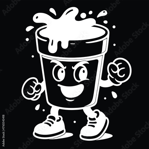 Black and White Cup Character Vector — Monochrome Beverage Mascot Illustration for Streetwear & Minimal Designs