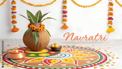 Beautiful Navaratri Design with Decorated Kalash, Rangoli, and Floral Garlands
