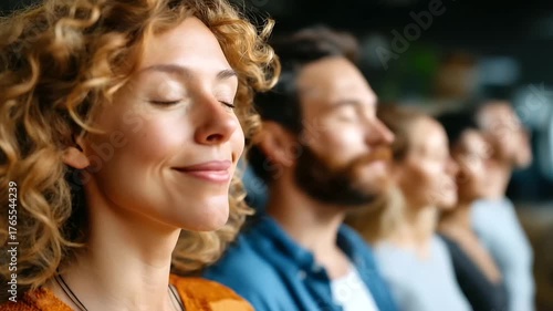 Group meditation session in studio, soft daylight, calm expressions, mindfulness and unity, wellness community, spiritual balance, inner peace, shared energy, group wellness concep