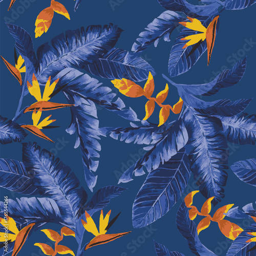Hand-painted seamless pattern with lush banana leaves and vibrant heliconia flowers in deep blue. Ideal for tropical resort wear, summer fashion, beach prints, designs, and modern botanical textiles.