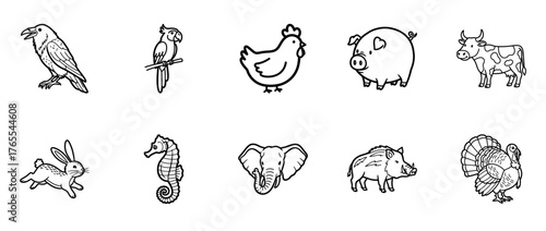 Black and white animal illustrations featuring farm and exotic animals