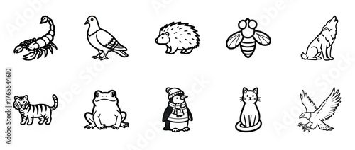 Black and white animal icon set featuring scorpion, pigeon, hedgehog, bee, wolf, tiger, frog, penguin, cat, eagle