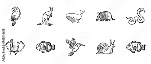 Collection of animal line drawings: parrot, kangaroo, whale, armadillo, snake, elephant, clownfish, hummingbird, snail