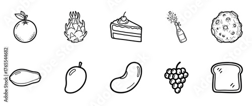 Black and white outline drawings of various foods and drinks including cake and fruit