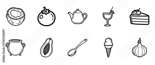 Collection of black and white food icons: coconut, tomato, teapot, cocktail, cake, pot, papaya, spoon, ice cream, onion