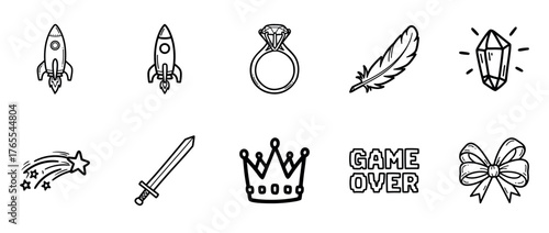 Sketch icons set: rocket, ring, feather, crystal, shooting star, sword, crown, game over, bow