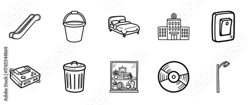Hand-drawn icon set: escalator, bucket, bed, hospital, light switch, console, bin, mirror, record, streetlight