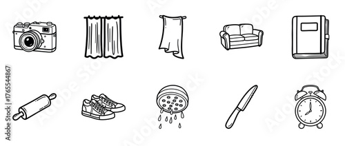 Collection of everyday household objects in hand-drawn black and white style