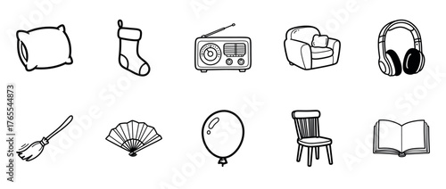 Collection of household and entertainment items: pillow, sock, radio, armchair, headphones, broom, fan, balloon, chair, book