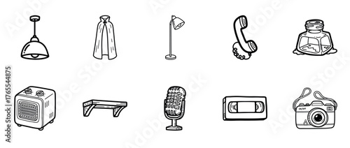 Vintage collection: lamp, cape, phone, ink, heater, bench, microphone, cassette, camera
