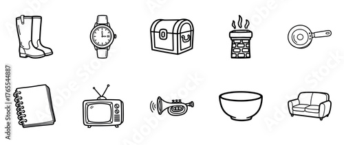 Set of hand-drawn everyday objects: boots, watch, chest, chimney, pan, notebook, tv, trumpet, bowl, sofa