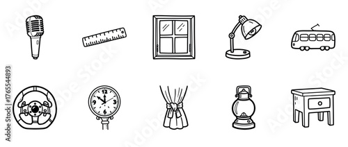 Black and white drawings of everyday objects: microphone, ruler, window, lamp, tram