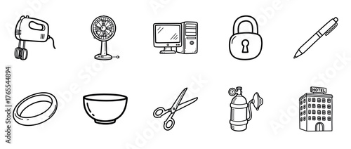 Hand-drawn kitchen appliances, office items, and household objects collection