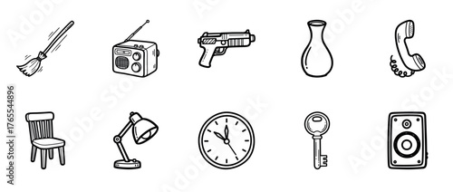 Hand-drawn doodle collection: broom, radio, pistol, vase, phone, chair, lamp, clock, key, speaker